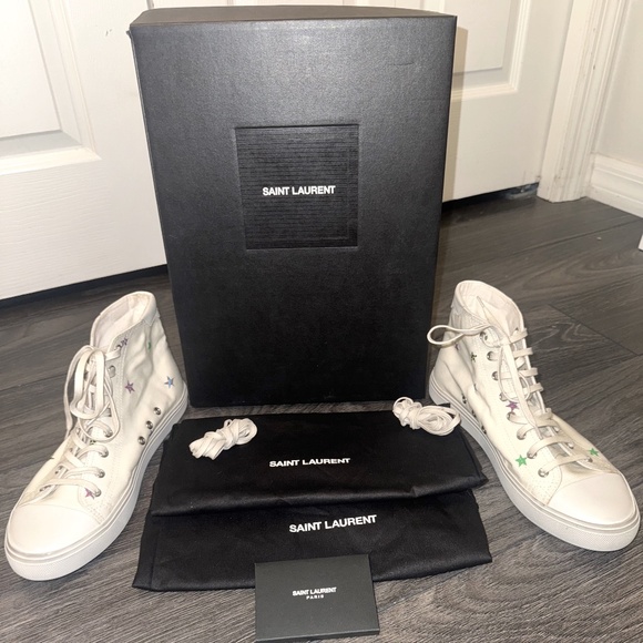 NEW IN BOX Saint Laurent White High Top Star Sneakers - Size FR 38/US 11 - Picture 1 of 4